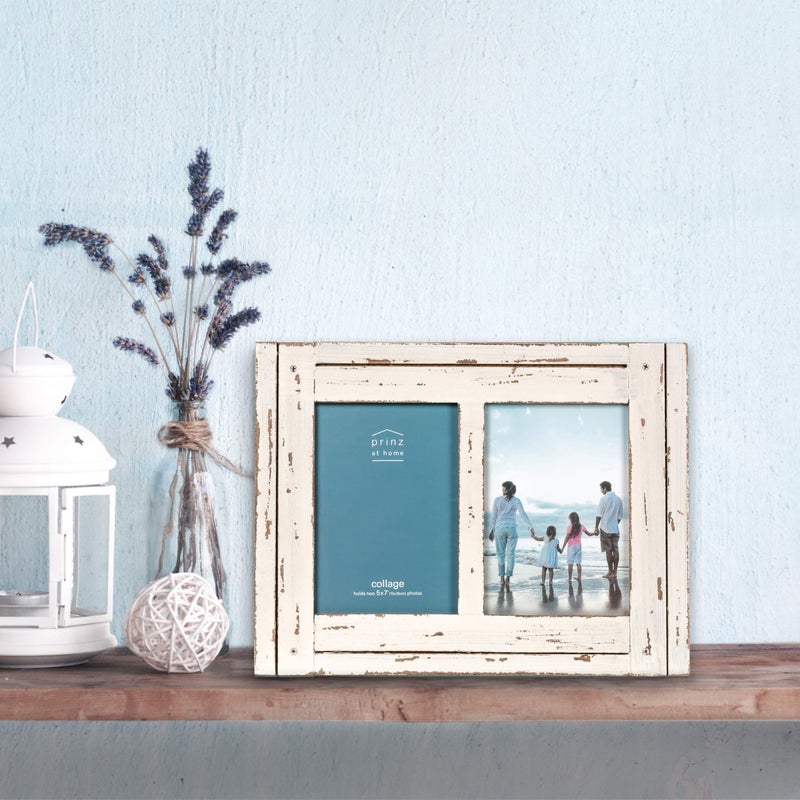 Prinz Homestead Double 5 x 7 Distressed White Wood Frame, Coastal Decor Hand-Distressed Rustic Picture Frame, Two-Way Easel, Can Be Wall-Mounted, Antique White - Image 2